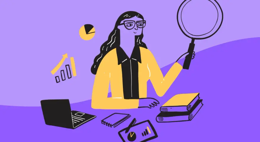 Mujer con lupa investiga datos, gráficos y libros. ¿Qué tipo de palabra es porque?