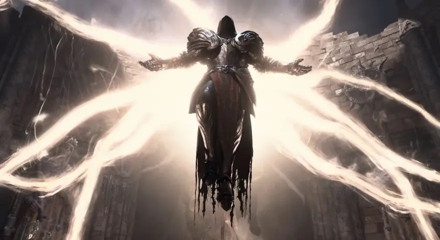 Mroczny wojownik w zbroi, otoczony oślepiającym światłem, niczym anioł śmierci. Wyobraź sobie, że to on zapowiada **Diablo 3 crossplay** – epicką bitwę na wszystkich platformach!