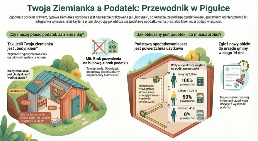 Ziemianka z fundamentami, ścianami i dachem, trwale związana z gruntem, może podlegać podatkowi od gruntu na którym stoi budynek.