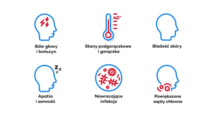 Białaczka szpikowa objawy: bóle głowy, gorączka, bladość, apatia, nawracające infekcje, powiększone węzły chłonne.