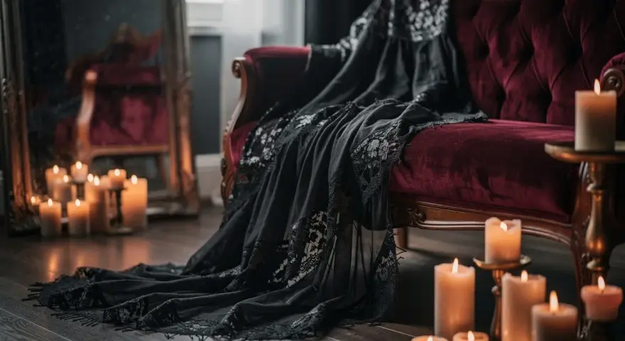 Un canapé de velours rouge profond, drapé d'une étoffe noire en dentelle, baigné par la lueur de bougies. Ambiance style boudoir chic.