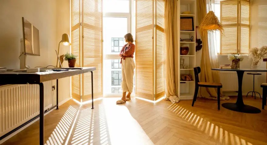 Una donna guarda fuori dalla finestra, mentre il sole crea ombre sul parquet che scricchiola. Un angolo studio e un tavolo da pranzo completano l'ambiente.