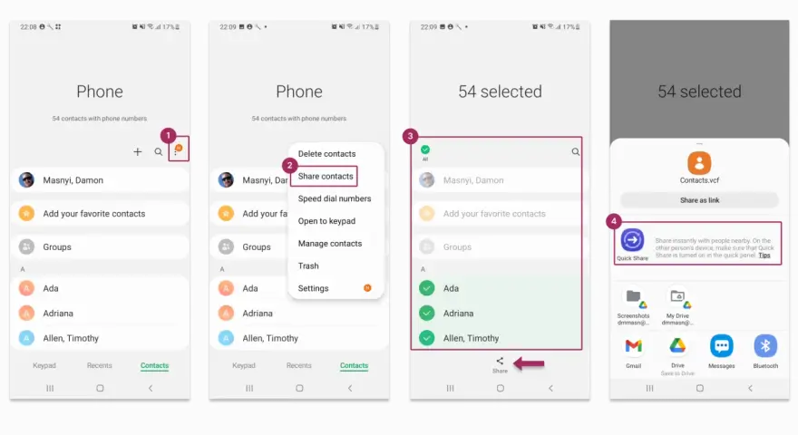 Steg för att kopiera kontakter Samsung: tryck på tre punkter, välj "Dela kontakter", markera kontakter och välj delningsmetod.