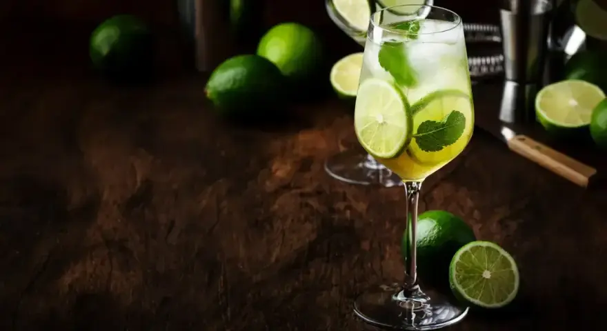 Orzeźwiający Hugo Spritz z limonką i miętą, otoczony świeżymi limonkami na drewnianym blacie.
