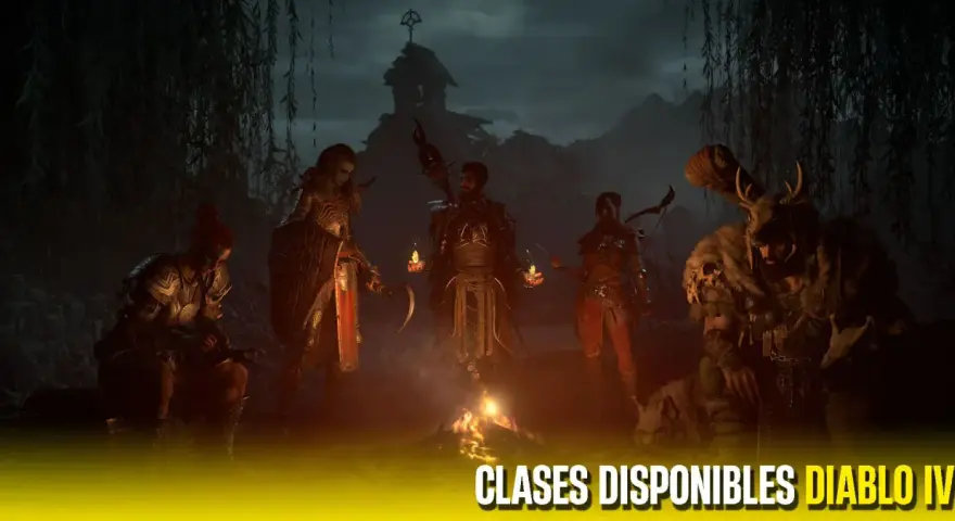 Cinco guerreros se reúnen alrededor de una fogata en un entorno oscuro, listos para la aventura. Una guía para las clases disponibles en Diablo IV.