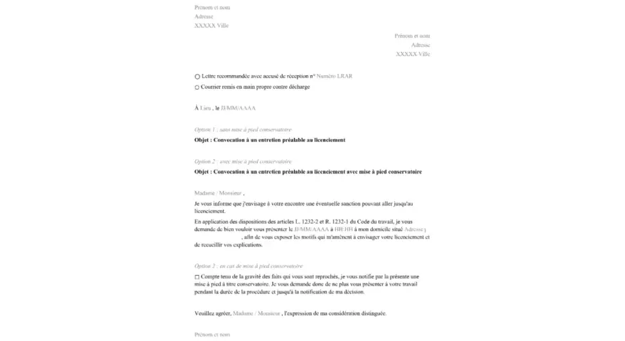 Modèle de lettre pour convoquer un salarié à un entretien préalable de licenciement, avec ou sans mise à pied conservatoire.