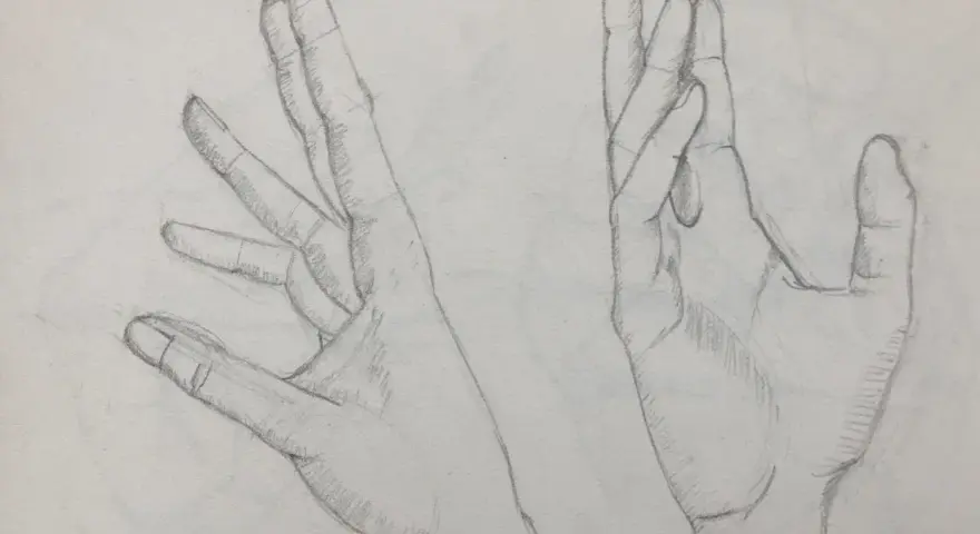 Deux mains esquissées au crayon, l'une ouverte, l'autre fermée. Un dessin facile à dessiner pour s'entraîner.