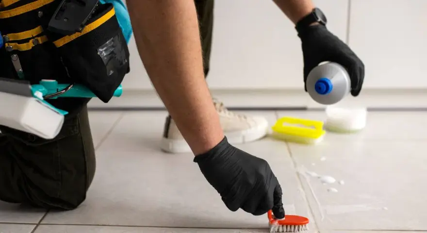 Persona con guantes negros usa un cepillo para limpiar juntas del suelo, aplicando producto de limpieza.