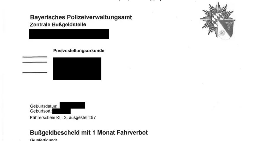Bußgeldbescheid mit 1 Monat Fahrverbot, der versucht, das Fahrverbot umzuwandeln.