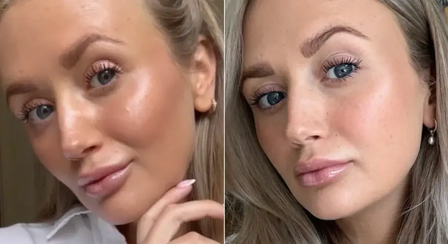 Kobieta z błyszczącymi ustami i rozświetloną cerą, inspirowana stylem Hailey Bieber.