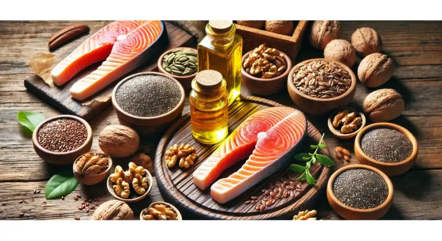 Salmone, noci, semi di lino e olio dorato, ricchi di omega 6, su un tavolo di legno rustico.