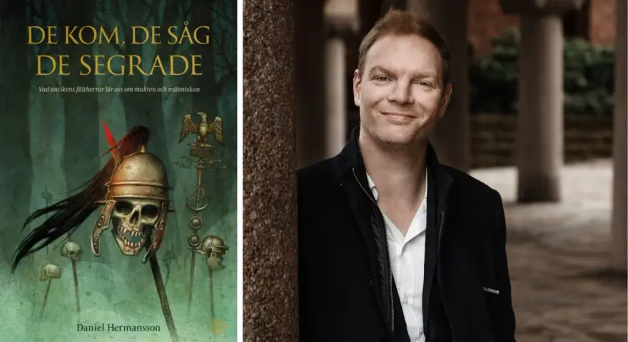 Daniel Hermansson, författare till "De kom, de såg, de segrade", med en bokomslag som visar en romersk hjälm på ett dödskalle.