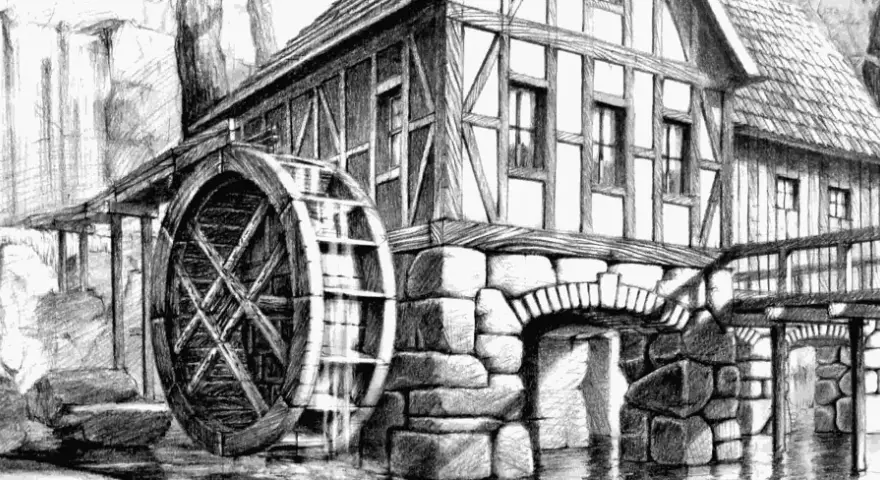 Stary młyn wodny z kołem i kamiennym łukiem, idealny do nauki kurs rysunku architektonicznego.