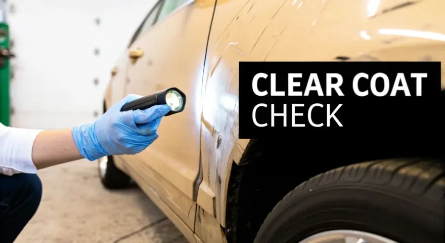 Gloved hand with flashlight inspects car's clear coat for damage, hinting at how to restore clear coat on car.
