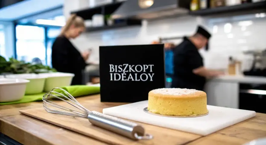 Idealny biszkopt pieczemy w temperaturze 170-180°C. Na stole kuchennym stoi gotowy biszkopt, obok trzepaczka i czarna tabliczka z napisem "BISZKOPT IDEALOY".