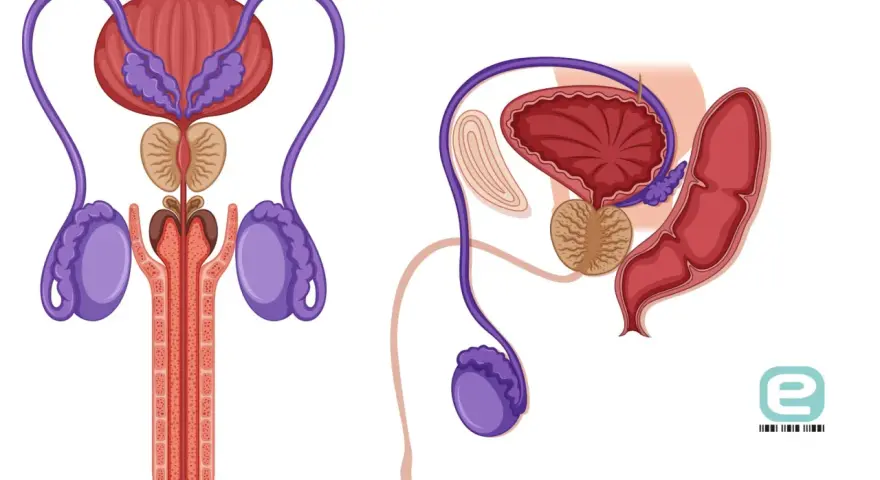 Ilustracja anatomiczna męskiego układu rozrodczego: pęcherz, prostata, nasieniowody, jądra i prącie.