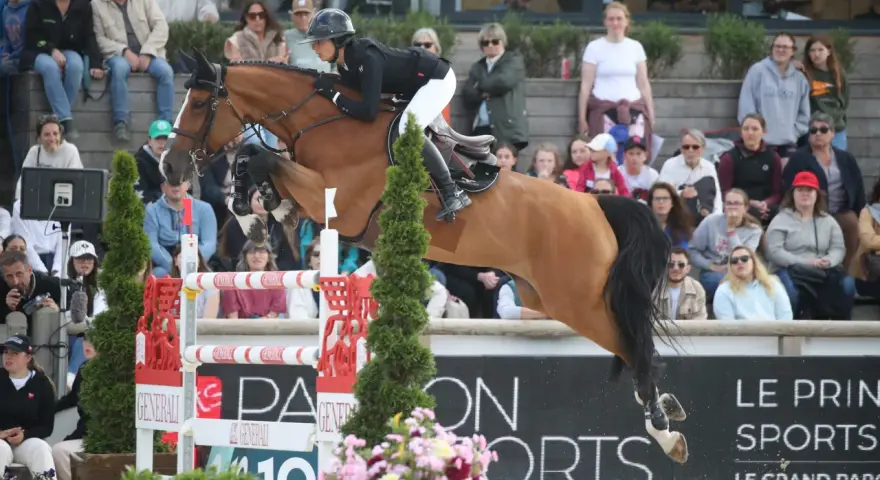 Une cavalière en plein saut, peut-être le meilleur cavalier du monde, sur son cheval brun, devant un public attentif.