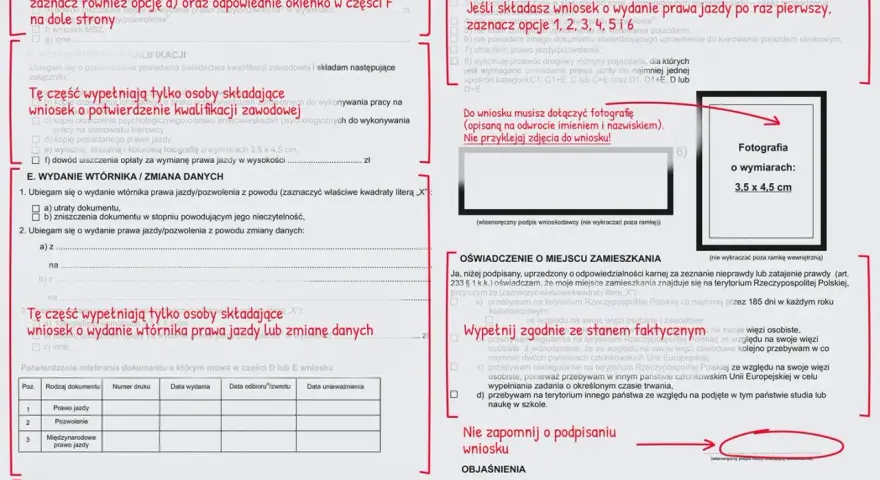 Zdjęcie przedstawia fragment formularza wniosku o wydanie prawa jazdy z zaznaczonymi polami i instrukcjami.
