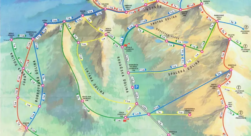 Tatry Słowackie: szlaki dla średnio zaawansowanych w Dolinie Rohackiej. Mapa turystyczna z zaznaczonymi trasami i czasami przejść.