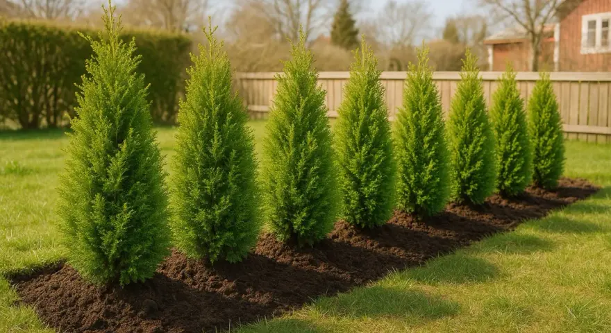 Raka rader av nyplanterade thuja-träd i en solig trädgård. De mörkgröna träden står i mörk jord med gräs runt omkring.