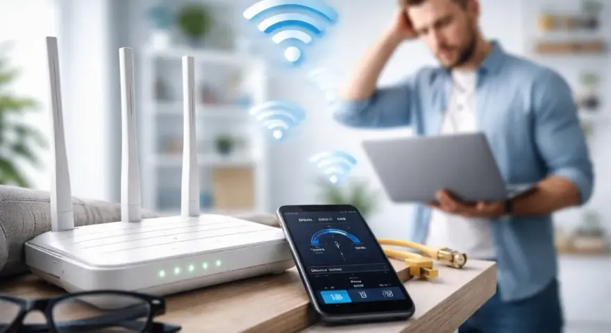 Router, smartphone con app di velocità Wi-Fi e uomo preoccupato. Soluzioni per come amplificare segnale Wi-Fi fai da te.
