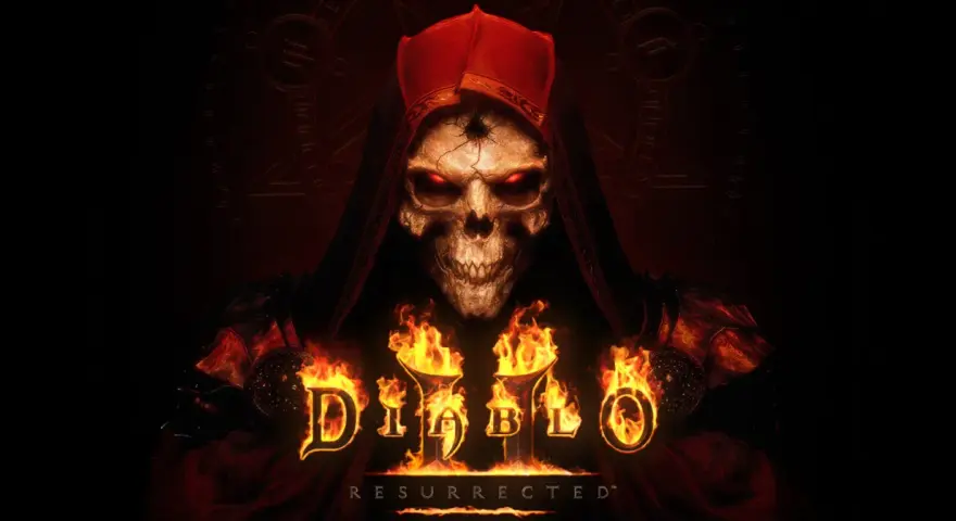 Diablo 2 Resurrected na PS4: przerażająca czaszka w czerwonej szacie, otoczona płomieniami i mrocznymi symbolami.