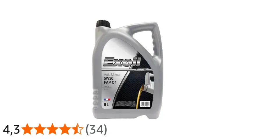 Bidon d'huile moteur Exoil 5W30 FAP C4 5L, avec une image de vidange d'huile.