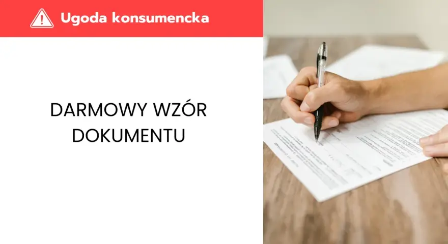 Darmowy wzór dokumentu ugody konsumenckiej. Ręka pisze piórem na papierze, przygotowując się do podpisania ugody.