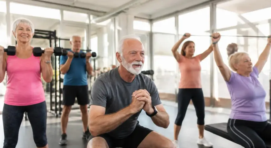 Groupe de seniors pratiquant le renforcement musculaire en salle de sport, avec haltères et élastiques.
