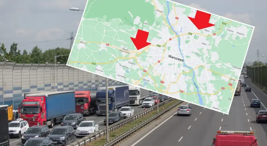 S8 odcinek pomiaru prędkości. Korki na trasie do Warszawy i jej okolic, zaznaczone na mapie.