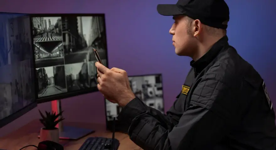 Vigilante revisa su móvil mientras monitorea cámaras de seguridad. La **nocturnidad** se refleja en las imágenes de las calles.