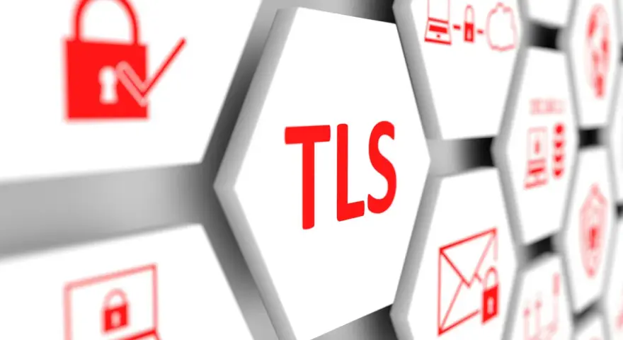 Hexagonal tiles display security icons and the text "TLS". This visual represents a TLS update, ensuring secure connections.