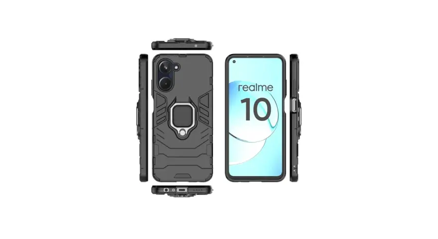 Czarny, pancerny case z pierścieniem na palec do telefonu realme 10, pokazany z różnych stron.