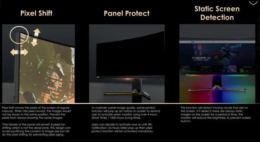 Bild zeigt Funktionen zum Schutz von OLED-Displays vor Einbrennen: Pixel Shift, Panel Protect und Static Screen Detection.
