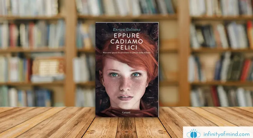 Copertina del libro "Eppure cadiamo felici" di Enrico Galiano, con il volto di una ragazza dai capelli rossi e occhi azzurri.