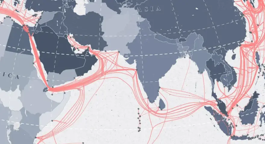 Map showing the global internet as a network infrastructure, with glowing pink lines representing undersea cables connecting continents across Africa, Asia, and the Middle East.