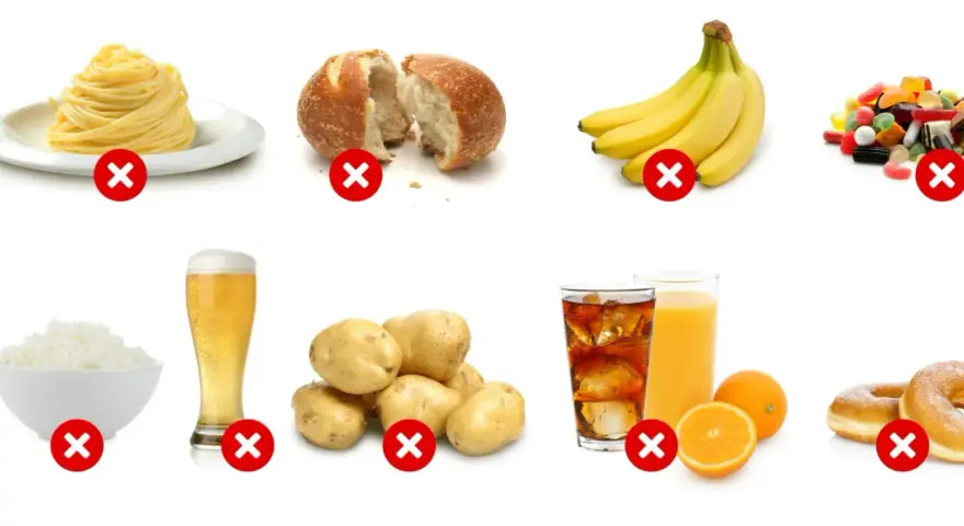 Undvik dessa livsmedel vid ketosdiet: pasta, bröd, bananer, godis, ris, öl, potatis, läsk, juice, apelsiner och munkar.