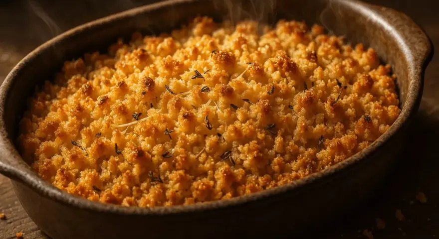 Un plat de pâte crumble salé au parmesan, doré et fumant, prêt à être dégusté. Une recette simple et savoureuse.