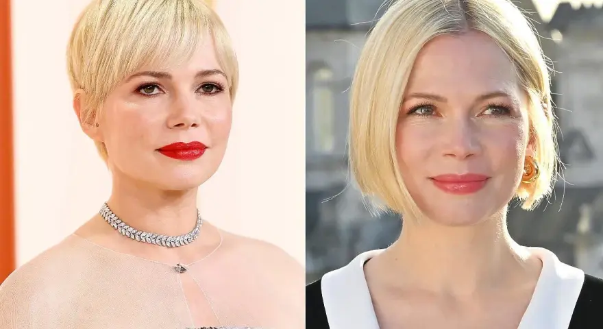 Dwie fryzury dla 40 latki z okrągłą twarzą: krótki pixie cut i elegancki bob.
