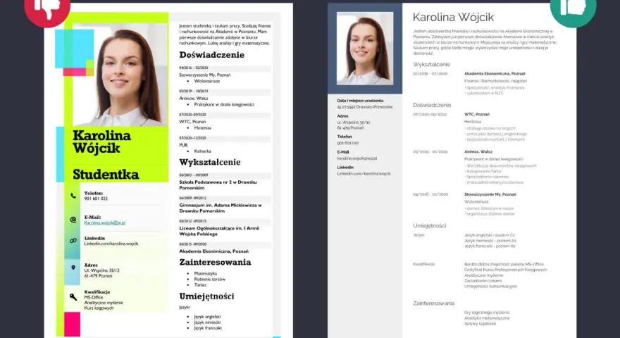 CV studentki Karoliny Wójcik: wykształcenie, doświadczenie, umiejętności i zainteresowania.