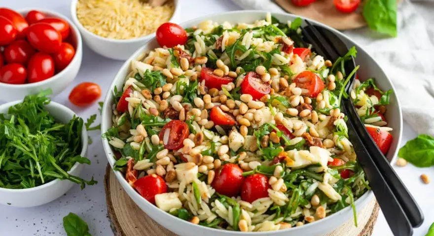 Ein köstlicher Nudelsalat mit Kirschtomaten, Rucola und Pinienkernen – einer der 10 besten Salate für den Sommer.