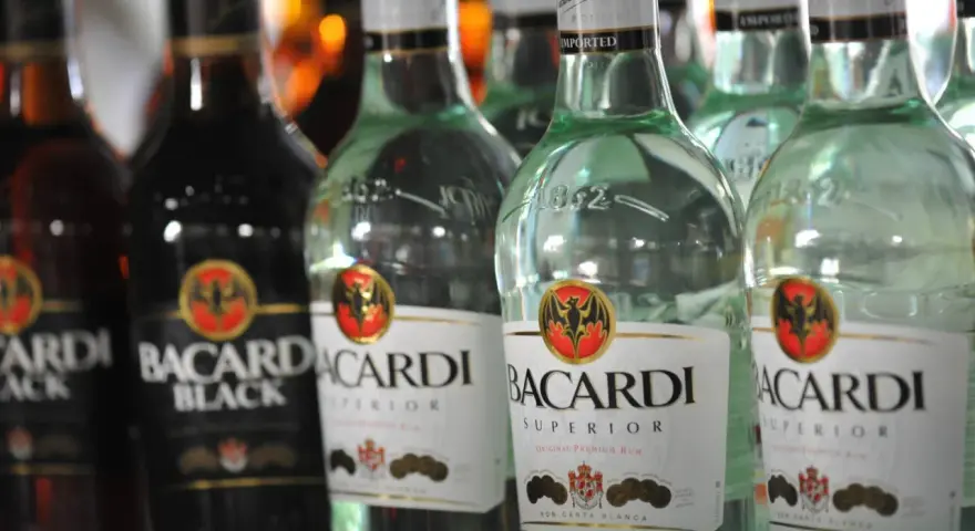 Rzędy butelek Bacardi, w tym Bacardi Black i Bacardi Superior. Bacardi to znany alkohol, rum.