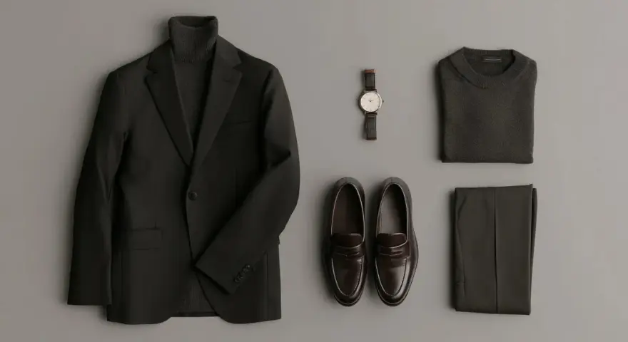 Conjunto elegante: traje negro, jersey de cuello alto, pantalones, reloj y mocasines marrones.