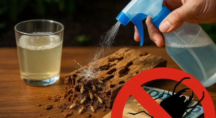 Vinagre para eliminar termitas. Un spray rocía un trozo de madera infestado de termitas, junto a un vaso con líquido.