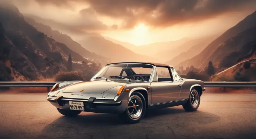 Srebrny Porsche 914 na tle górskiego krajobrazu o zachodzie słońca.