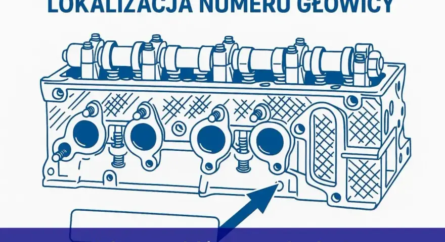 Schematyczny rysunek głowicy silnika z zaznaczonym miejscem, gdzie znajduje się numer silnika. Strzałka wskazuje ten punkt.