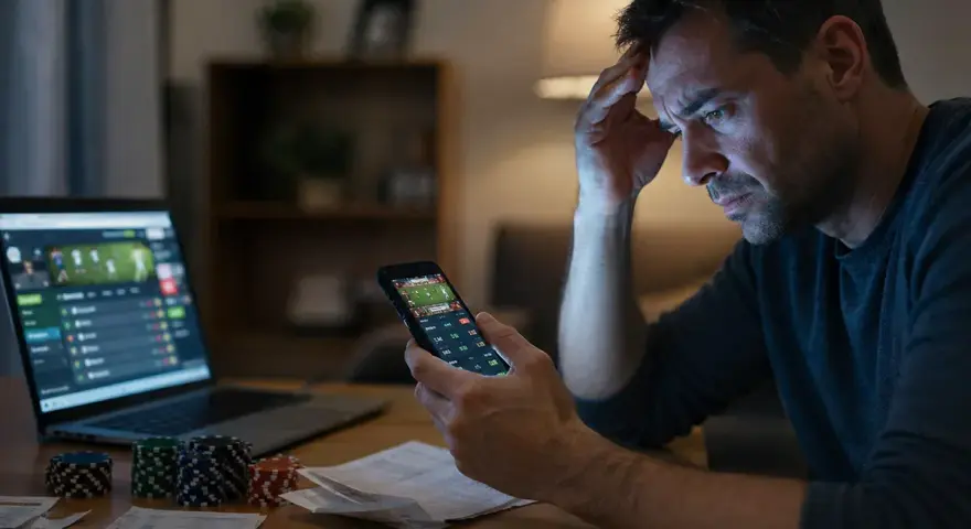 Zmartwiony mężczyzna z telefonem i laptopem, na których widać strony bukmacherskie. Stosy żetonów i rachunków sugerują problem z hazardem w internecie.