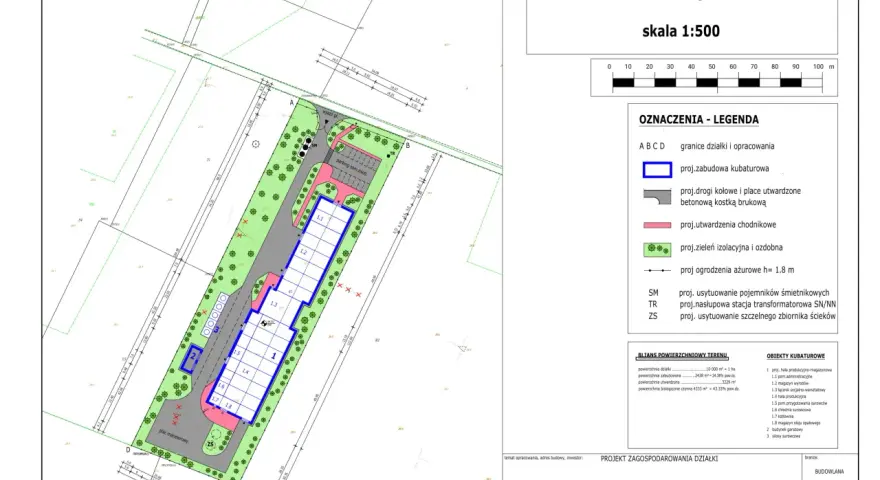 Plan zagospodarowania działki NR 8/1 z zaznaczonym parkingiem, drogami, zabudową i zielenią. Skala 1:500.