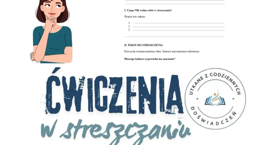 Ilustracja z dziewczynką zastanawiającą się nad tym, jak napisać streszczenie. Ćwiczenia ze streszczania.
