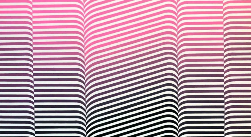 Abstrakcyjny wzór w paski, inspirowany stylem Sonia Delaunay, z gradientem od różu do fioletu i czerni, tworzący iluzję ruchu.